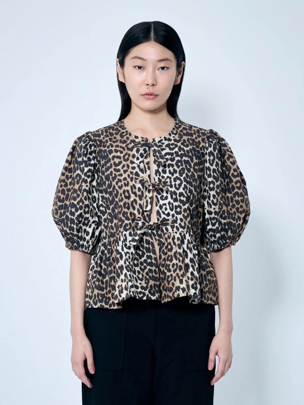 Ganni Leopard Tie-Front Puff Sleeve Top - Brown & Black